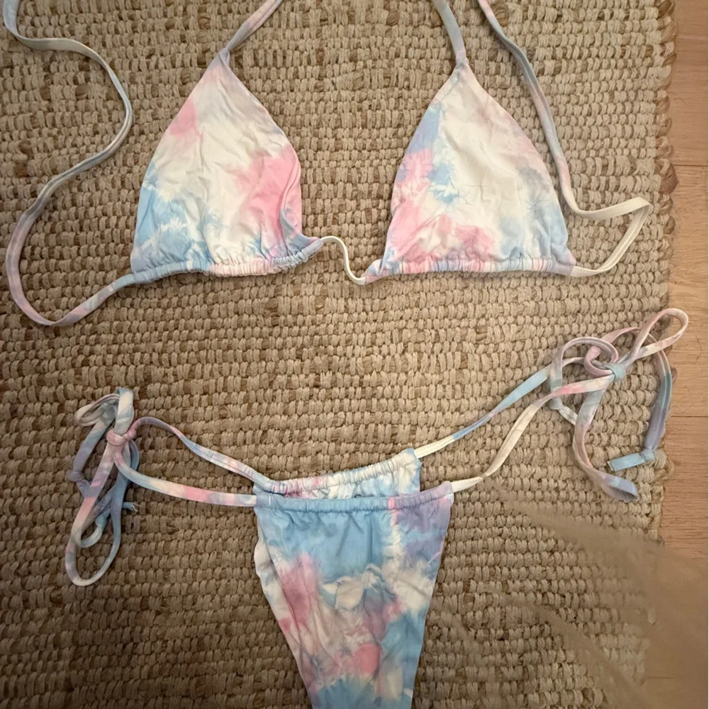 Tie-Dye Triangle String Bikini Top and Bottom Set - Pastel Pink & Blue